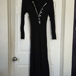 Black Knit Long Sleeve Button-Trim Maxi Dress